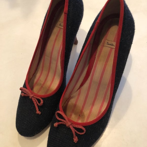 Vintage PAUL SMITH Navy Herringbone Tweed pumps trimmed with Red Grosgrain Trim - Picture 5 of 13